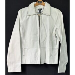 White Leather Motorcycle Jacket Zip Front Collared Womens Large